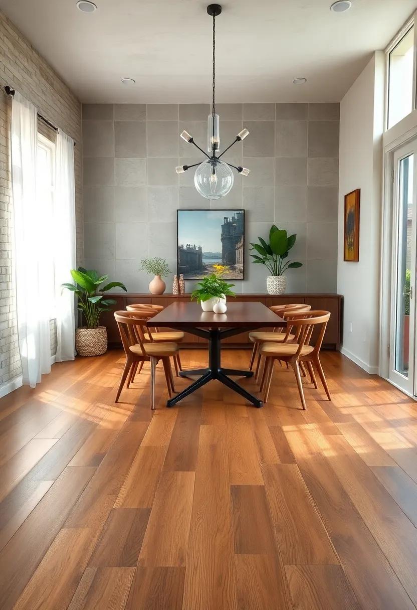 Wide Plank Floors in Soft Walnut Under a Mid-Century Modern Dining Ensemble with Plants