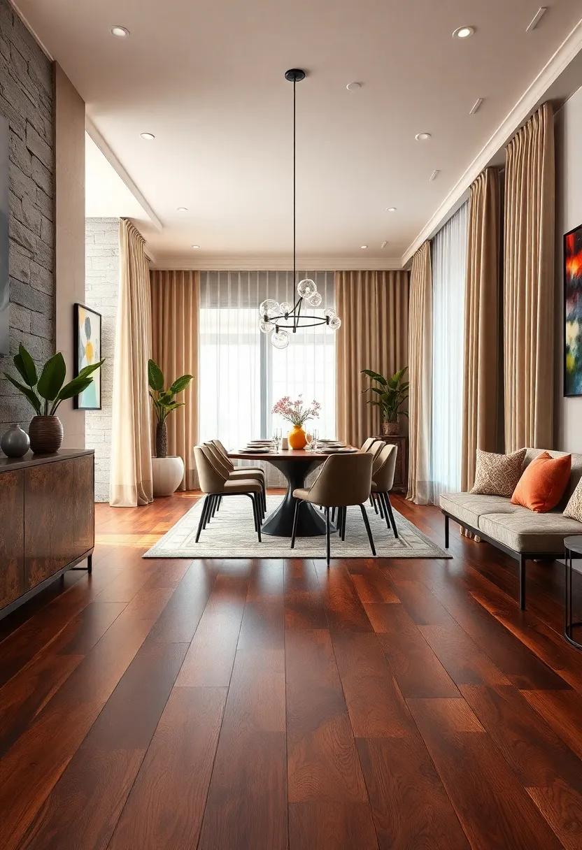 Aged Mahogany Wood Flooring with Refined Table Settings and Soft Drapery Panels