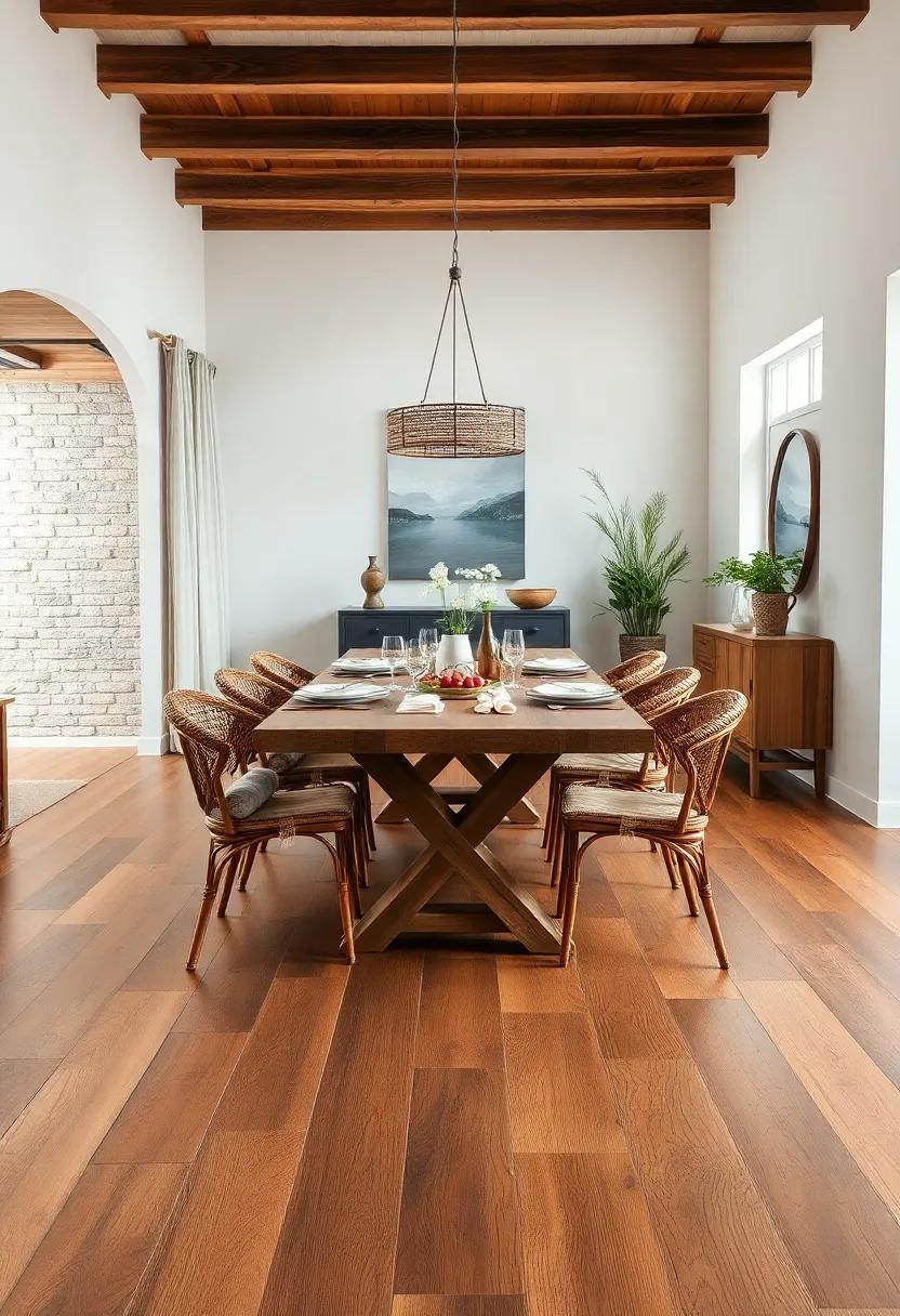 Reclaimed Barnwood Floors Surrounding a Rustic Dining Table Dressed with Linen and Wicker