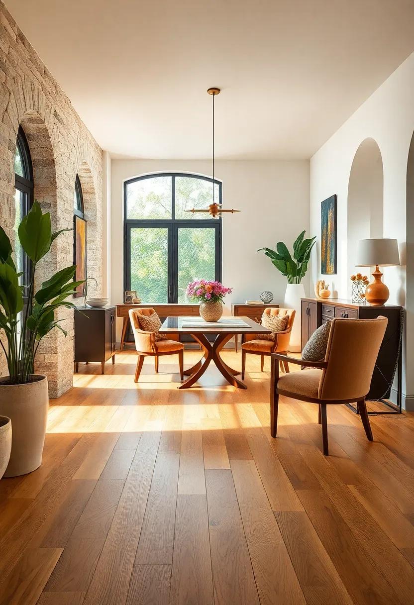 Golden Beech Woodflooring Matching Earth-Toned Upholstered Chairs in a Mediterranean Style Room