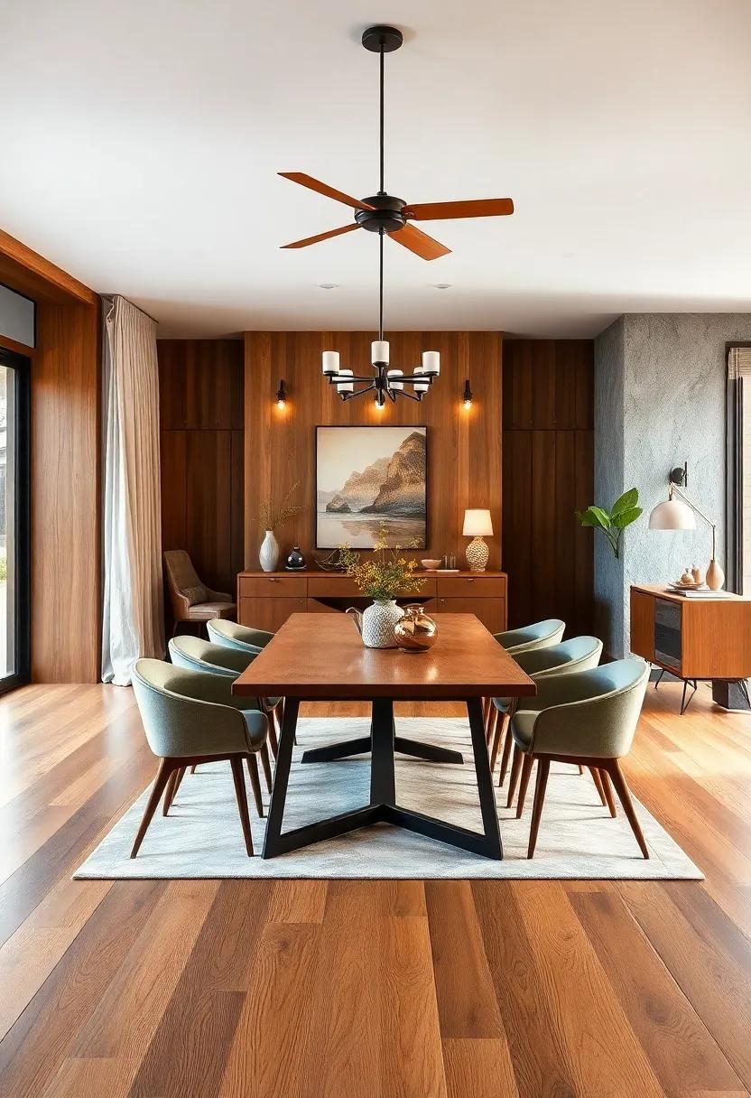 Natural Grain Boards with Warm Amber Tones Elevating a Vintage Mid-Century Dining Space
