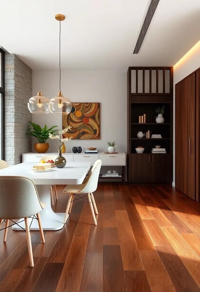 Dark Walnut Floorboards Paired with Minimalist White Dining Furniture for a Sleek Look