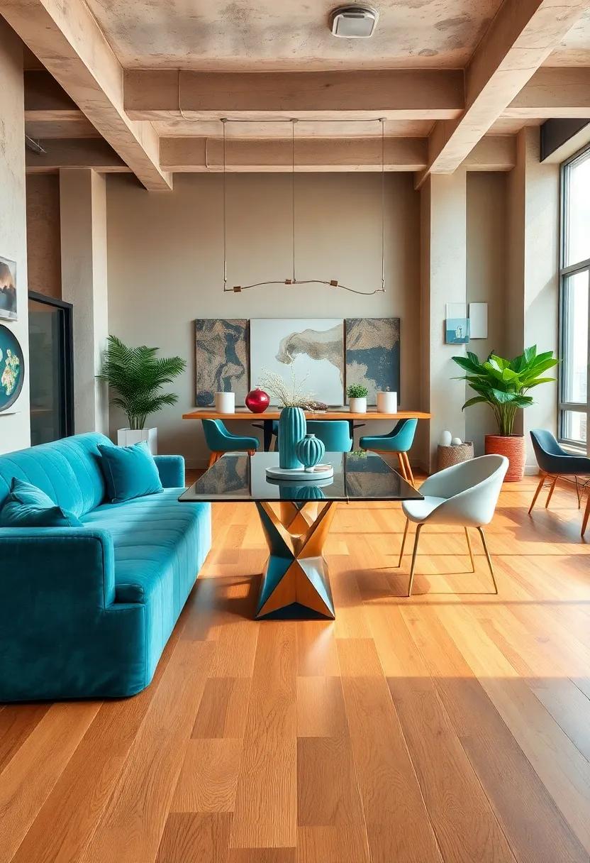Honey-Toned Wood Floors Framing a Glass Table Set with Plump Velvet Seating in an Urban Loft