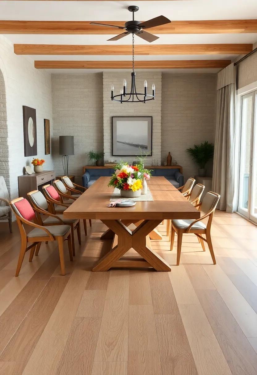 Wide Plank Ash Wood Floors Framing a Large Farmhouse Table with Fresh Seasonal Centerpieces