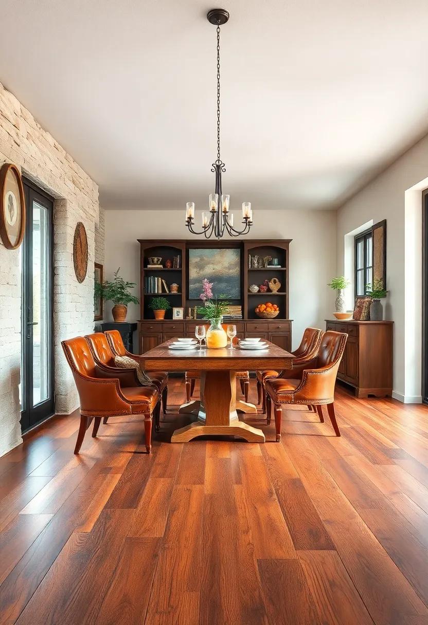 Rustic Cherry Wood Flooring Complementing Vintage Leather Dining Chairs in a Country Setting