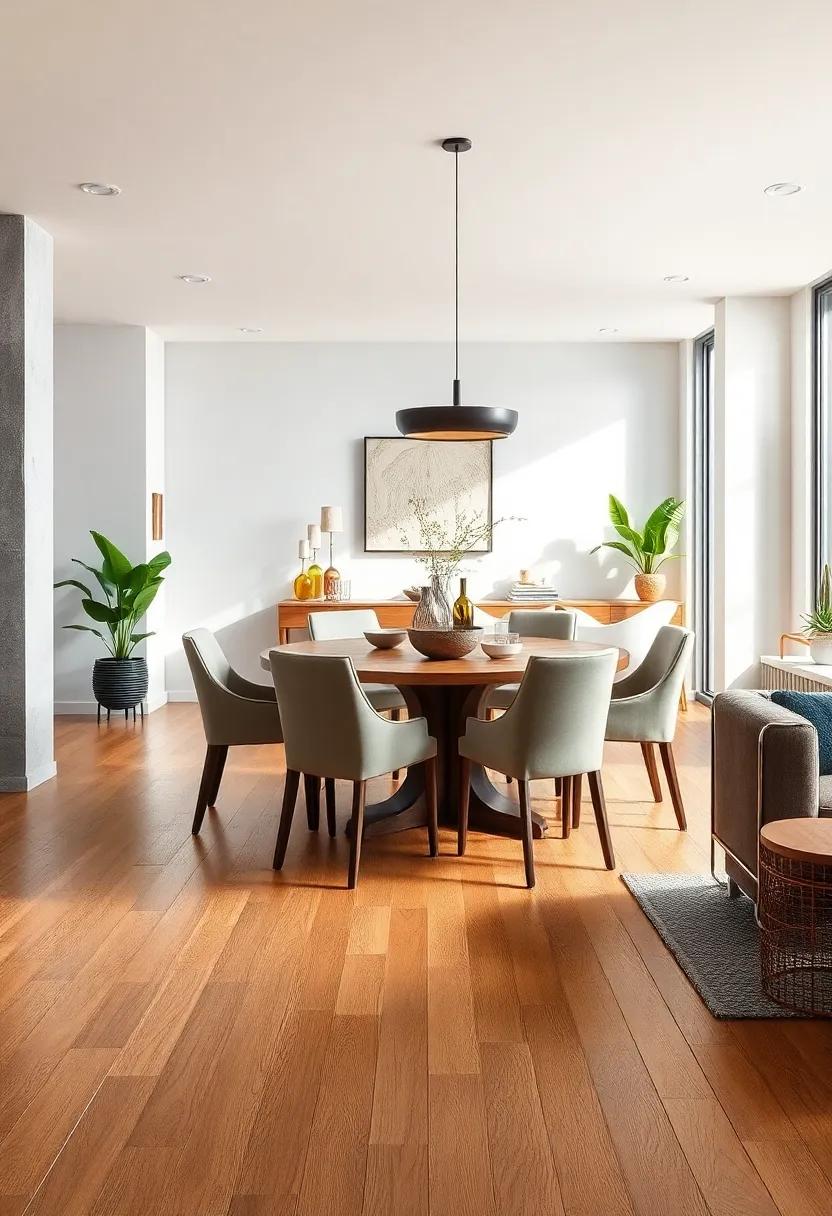 Warm Textured Bamboo Floors Enhancing an Open Concept Dining Area with Soft Natural Light