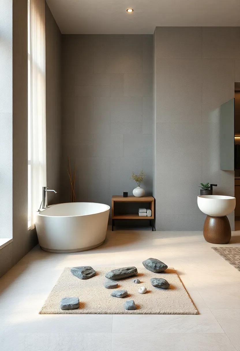 Artful Placement of Small Zen Gardens Incorporating Sand and Miniature Stones Enhancing Bathroom Peacefulness