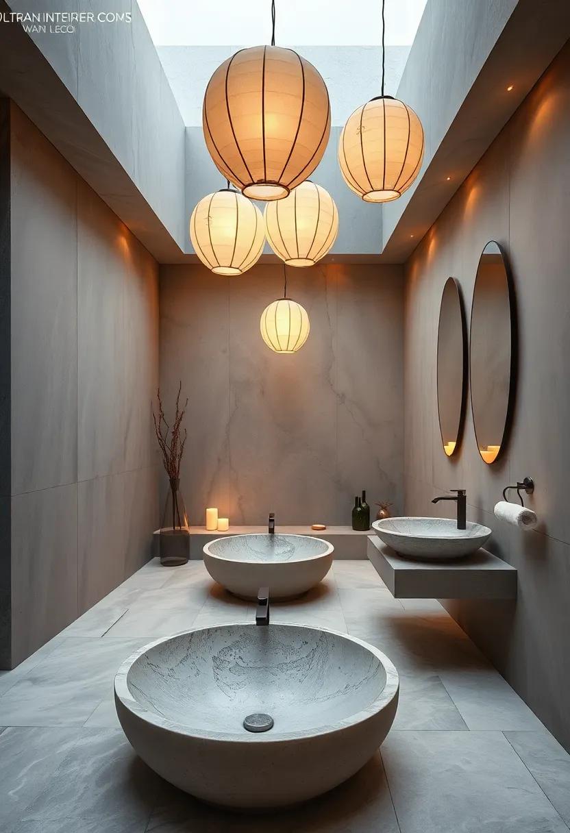 Delicate Paper Lanterns Casting Gentle Glows Over Sleek Stone Basins in a Minimalist Oasis