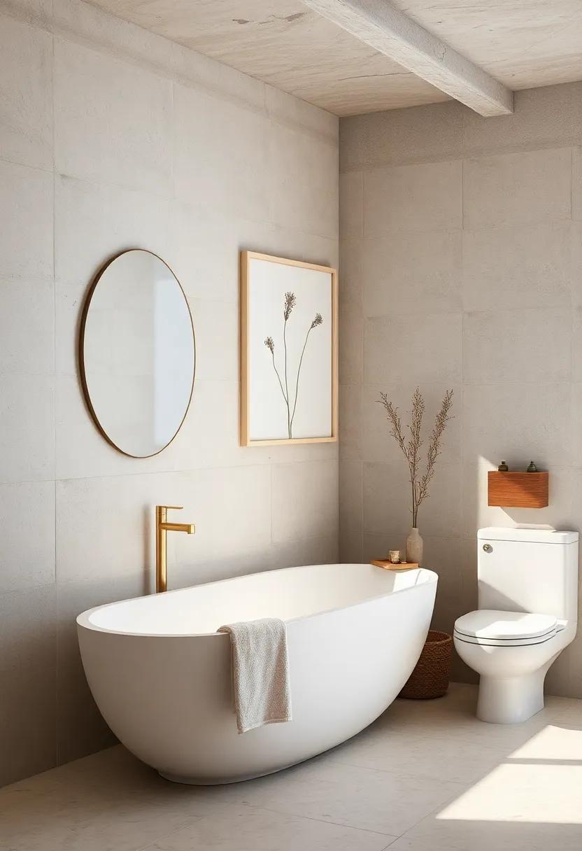 Delicate Minimalist Artwork Hung Sparsely To Encourage Quiet and Reflective Bathroom Atmospheres