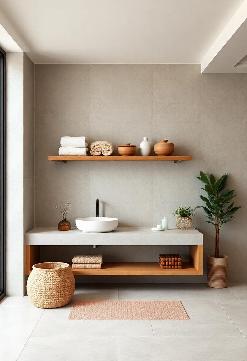 Open Shelving With Organized Neutral-Colored Towels and Natural Clay Containers for Clutter-Free Elegance