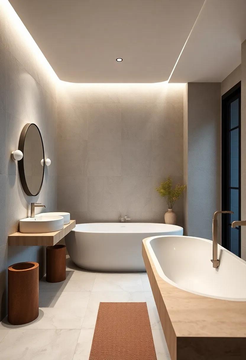 Rounded Organic Shapes in Fixtures and Mirrors That Inspire Flow and Tranquility Throughout the Space