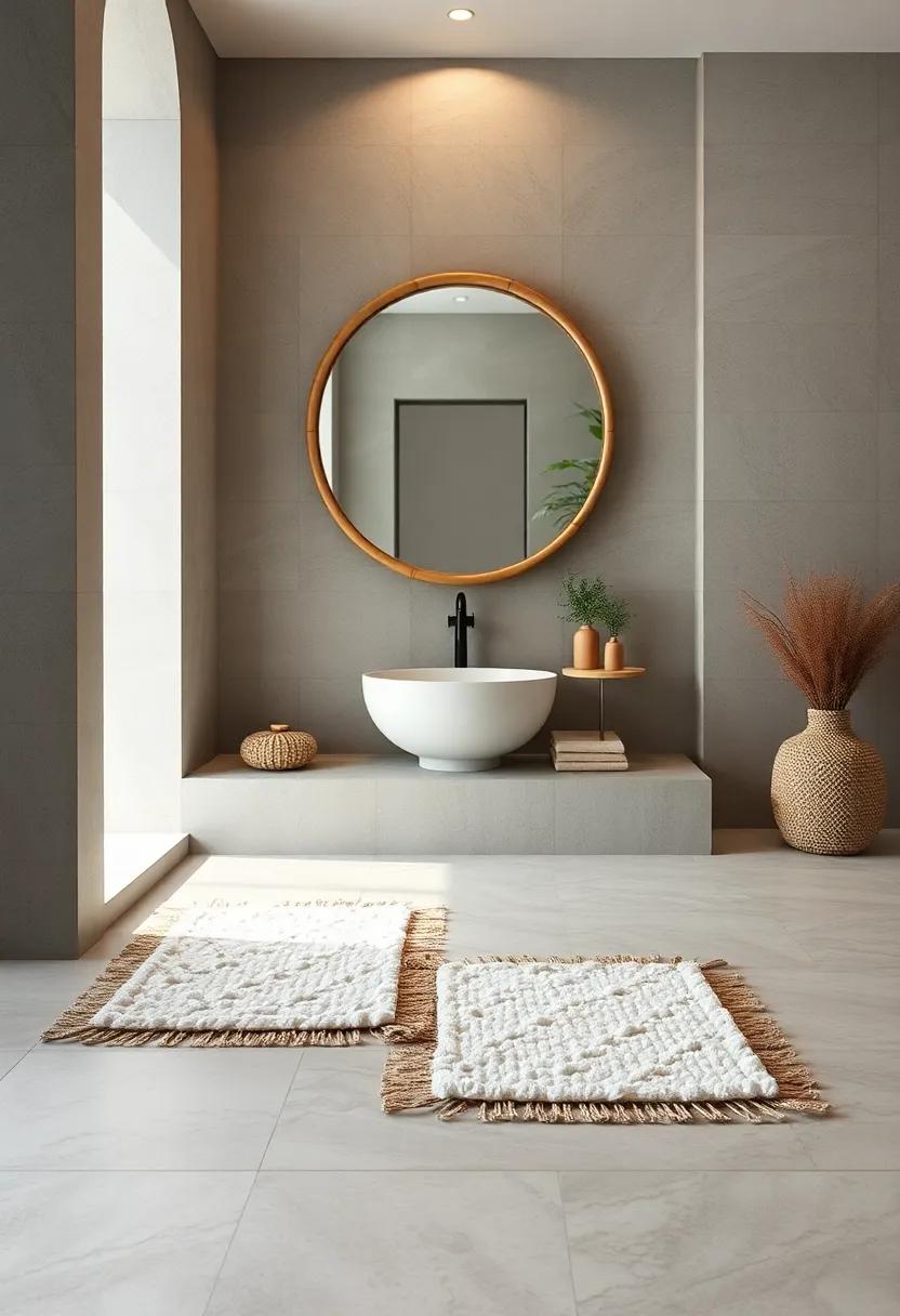 Soft Cotton Bath Rugs Laid Out Beneath a Simple Bamboo Frame Mirror, Evoking Calm Reflection