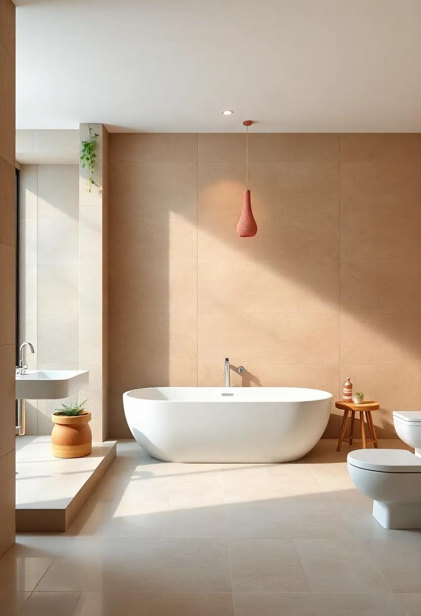 Soothing Color Gradients Inspired by Earth and Sand Tones Embellishing Bathroom Walls and Tiles