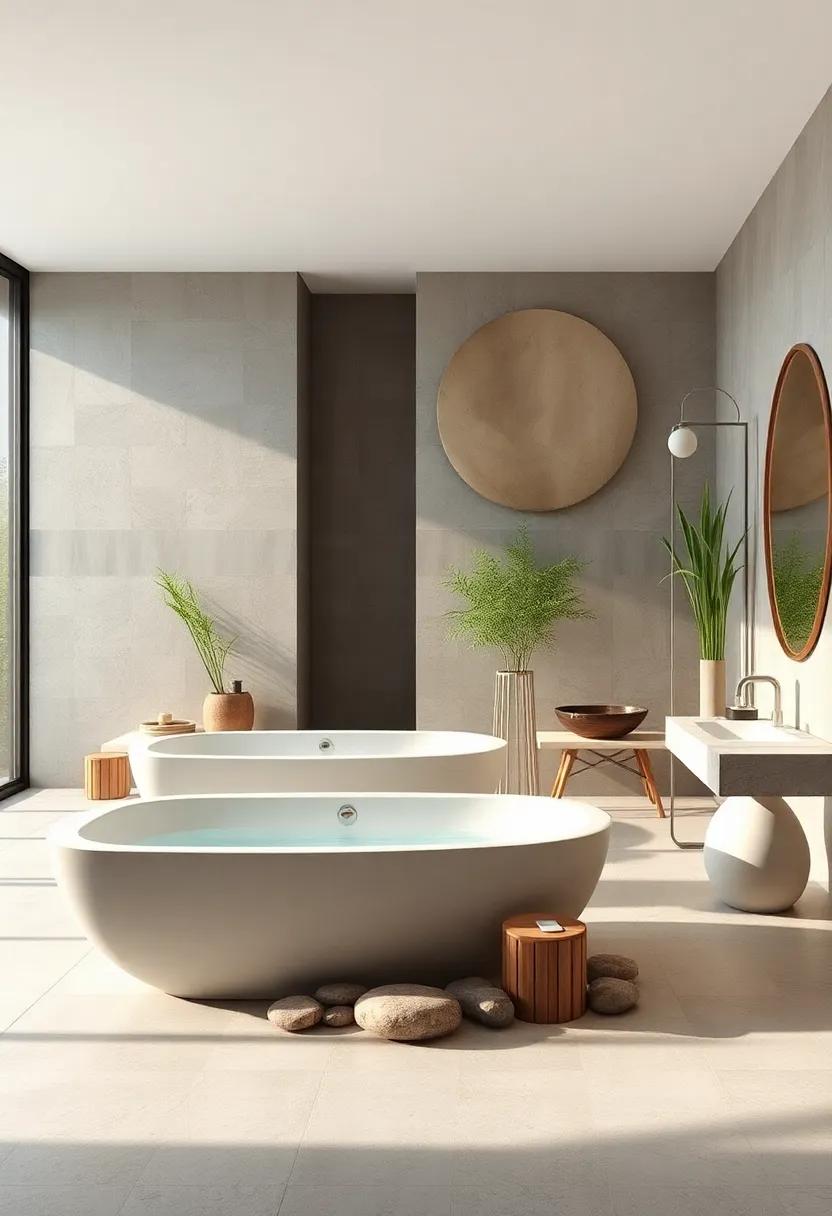 Streamlined Freestanding Bathtubs Surrounded by Bamboo and Smooth River Stones for a Peaceful Ambiance