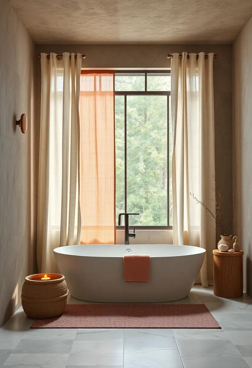 Curtains Crafted From Linen Draping Softly Over A Large Bath Window To Evoke Gentle Relaxation