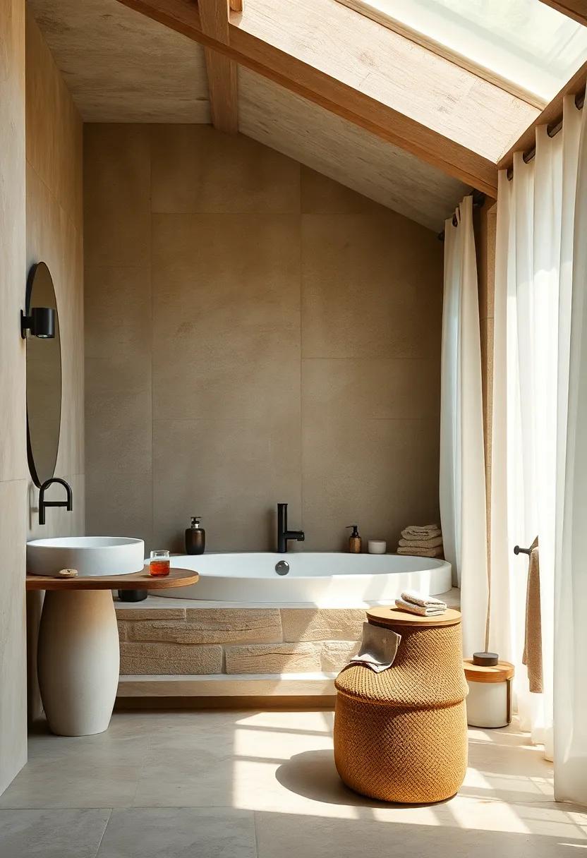 Delicate Sheer Curtains Allowing Diffused Natural Light To Enhance Earthy Tones In The Bathroom