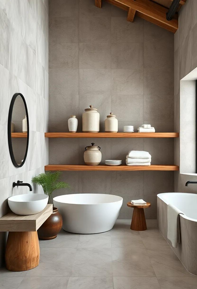A Floating Wooden Shelving Unit Displaying Simple Stoneware Jars And Organic Cotton Linens
