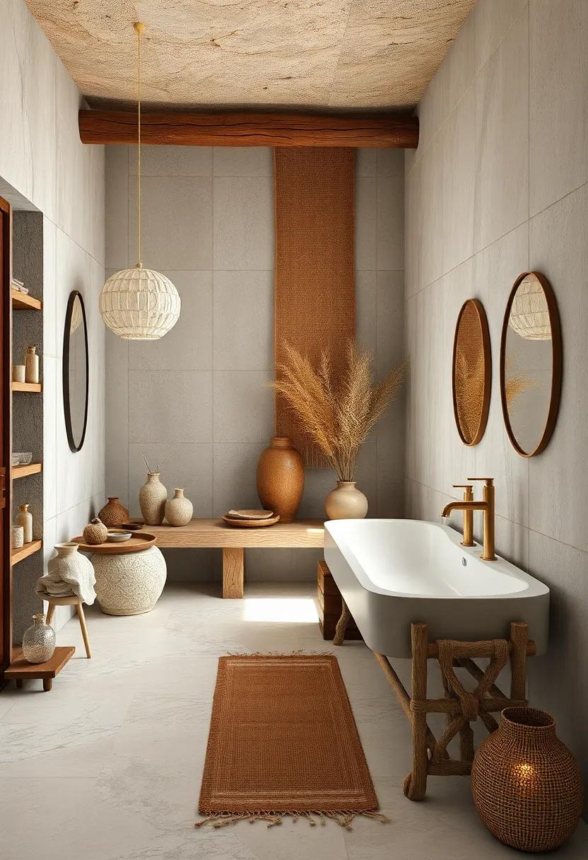 Handcrafted Ceramic Vessels And Natural Fiber Textiles Enhancing Rustic Zen Bathroom Details