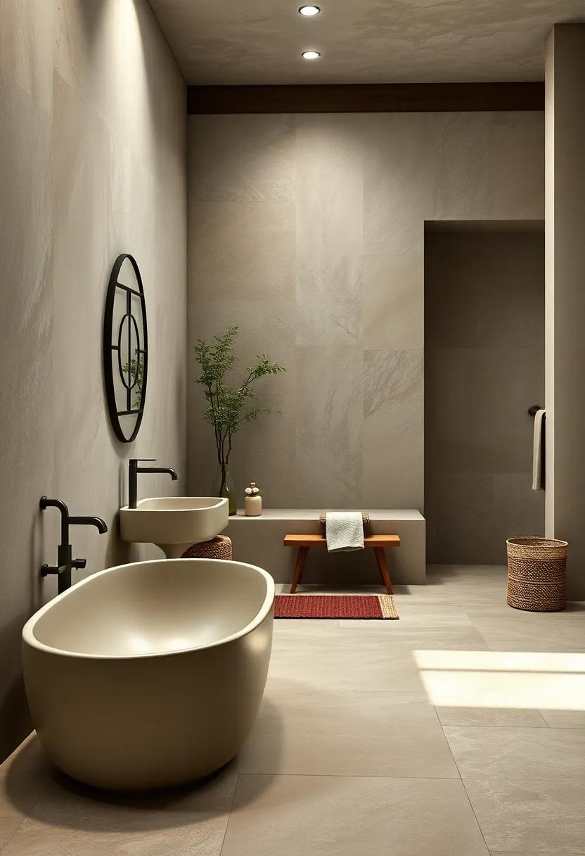 Muted Tones Of Moss Green And Sandy Beige Blending On Walls And Floors For Serene Bathing Vibes