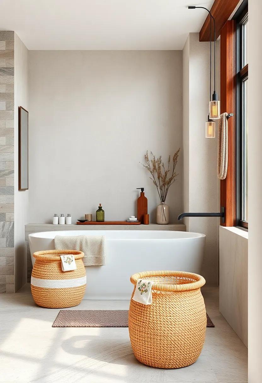 Natural Fiber Laundry Baskets Complementing Wood And Stone Accents In A Rustic Bathroom Environment