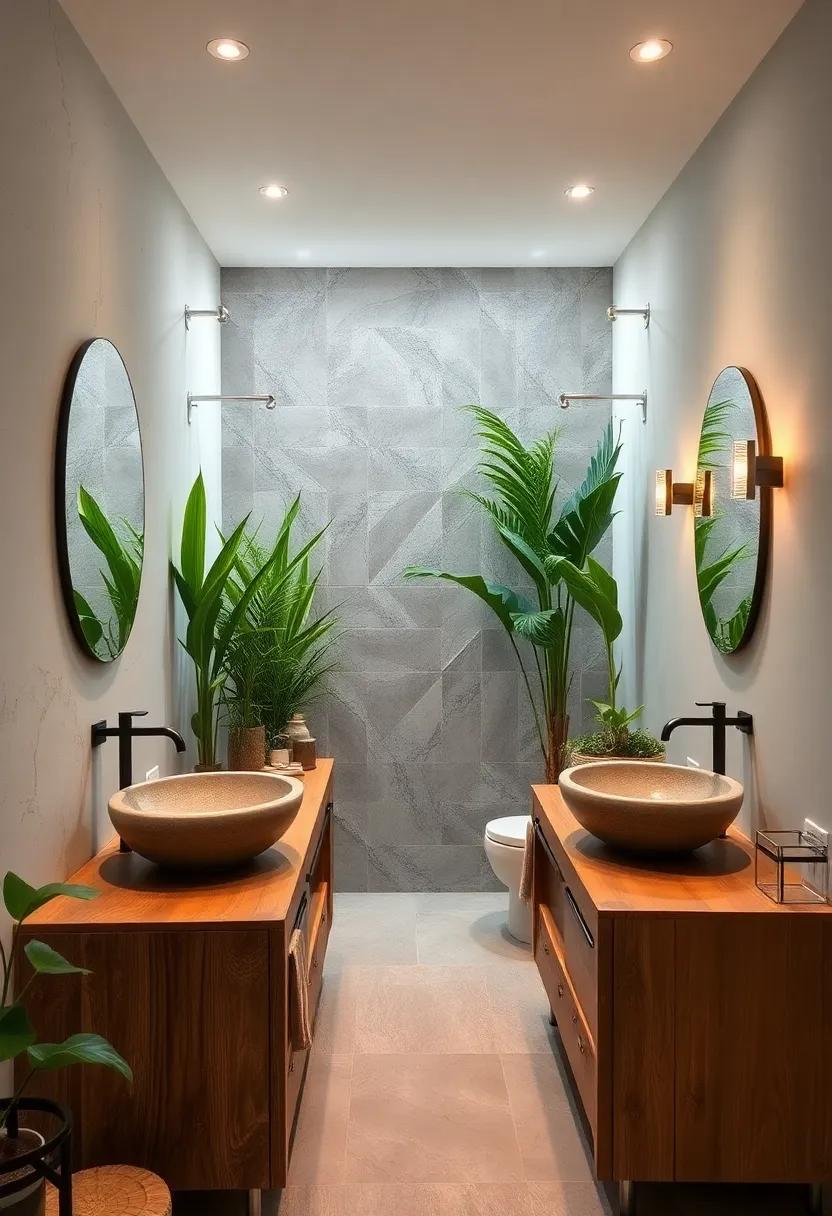Organic Stone Basins Resting On Reclaimed Wooden Vanity Units Surrounded By Lush Greenery