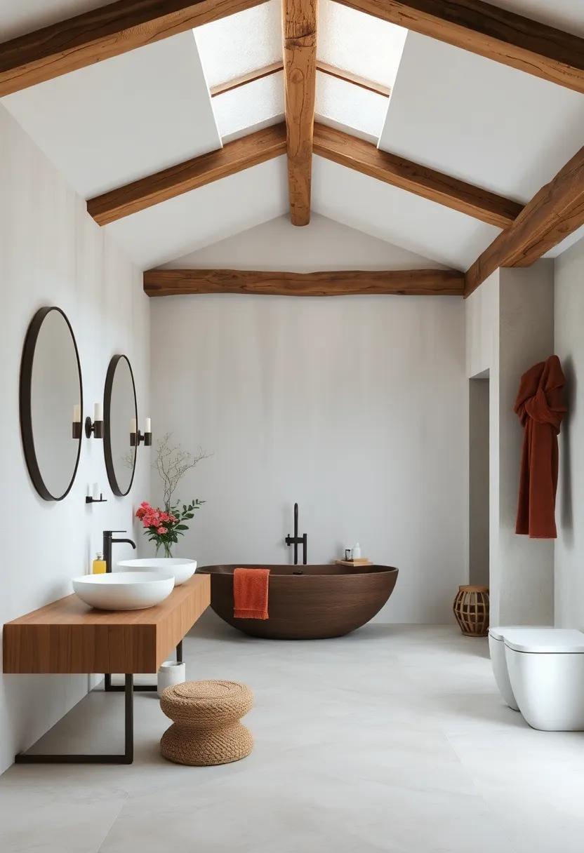 Rustic Wooden Ceiling Beams Paired With Whitewashed Walls For An Airy Zen-Style Bathroom Interior