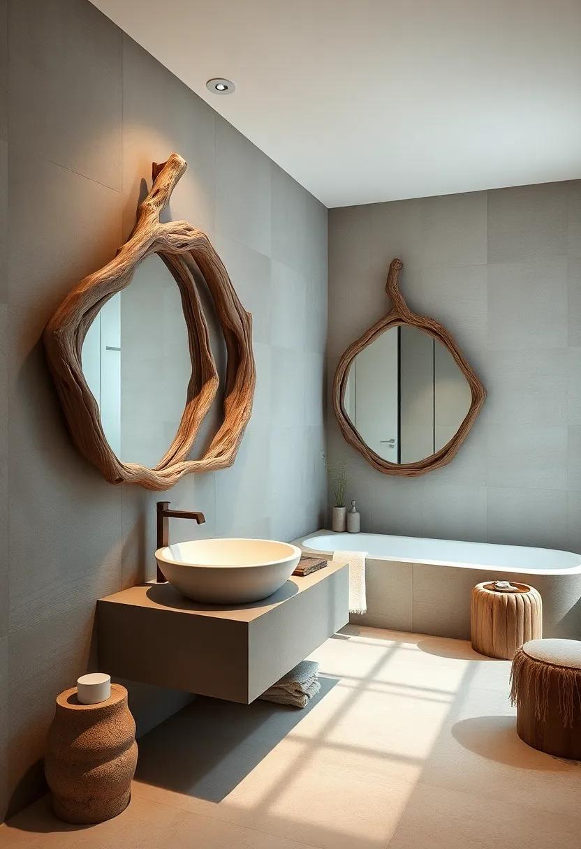 Sculptural Driftwood Mirrors Reflecting Soft Lighting In A Zen Rustic Bathroom Setting