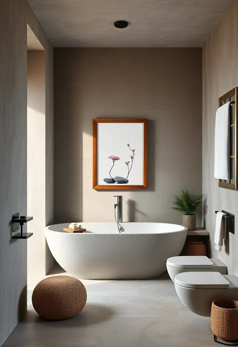 Simple Zen-Inspired Artwork Framed In Rough Wood Providing Visual Calm And Focus In The Bathroom