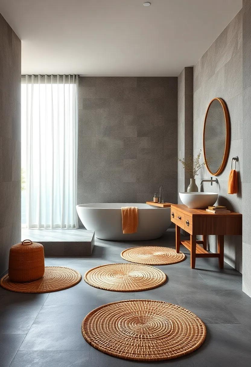 Woven Bamboo Mats Placed Softly On Smooth Slate Flooring To Add Warmth And Texture