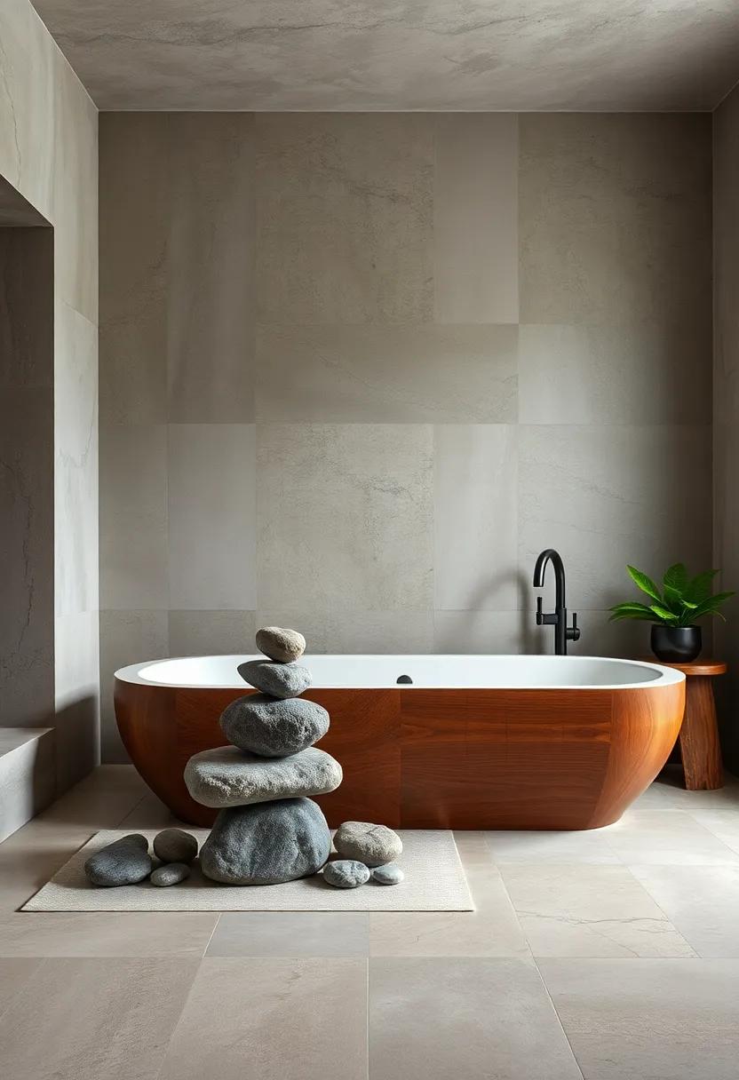 Zen Rocks Arranged Meticulously Beside A Freestanding Wooden Tub In A Peaceful Bathroom Haven