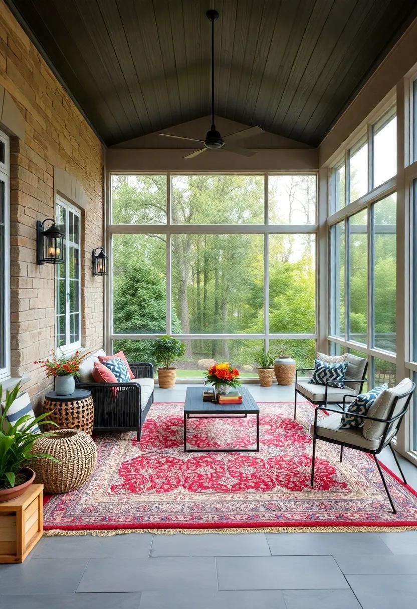 Cozy Comfort: Large Screened Porch Ideas Enhanced with Outdoor Rugs