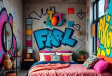 Vibrant Visions: Exploring a Colorful Bedroom Adorned with Graffiti Art