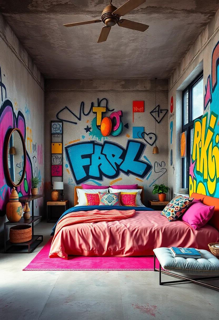 Vibrant Visions: Exploring a Colorful Bedroom Adorned with Graffiti Art