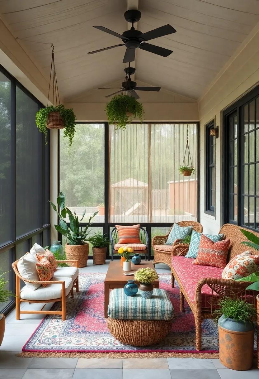 Bohemian Screened Porch with Eclectic Patterns, Hanging Plants, and Recycled Materials Creating a Vibrant Retreat