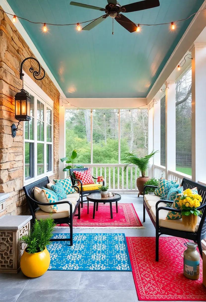 Bold Colorful Screened Porch with Vibrant Paint Palettes, Patterned Rugs, and Festive String Lights to Spark Joy