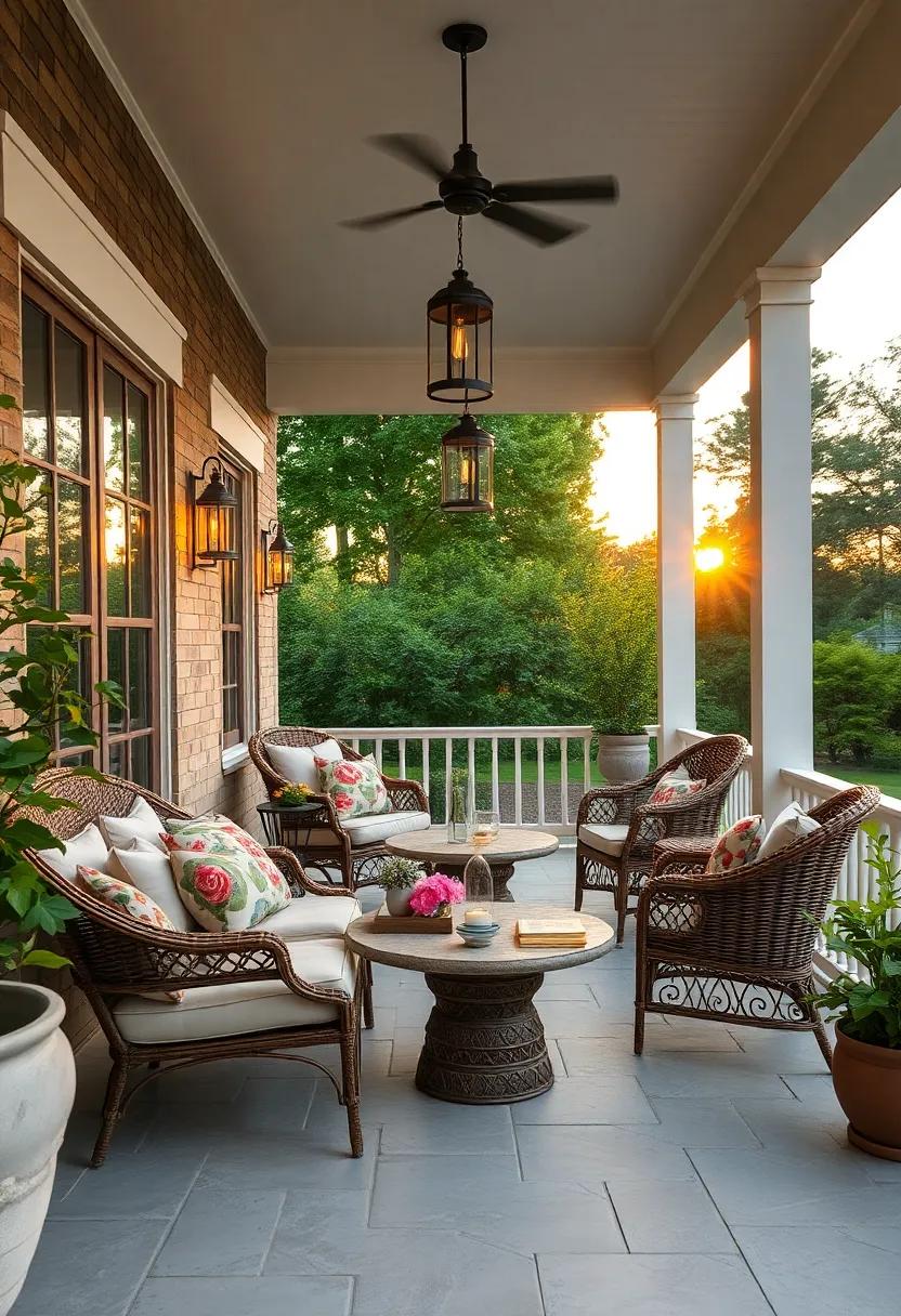 Charming Cottage Style Back Porch Filled with Floral Cushions, Wicker Chairs, and Hanging Lanterns at Sunset