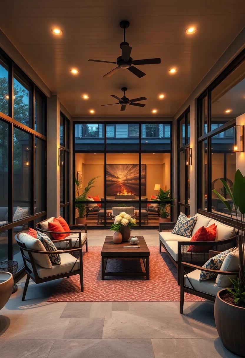 Contemporary Urban Screened Porch Highlighting Clean Lines, Glass Walls, and Smart Lighting Fixtures for Evening Relaxation