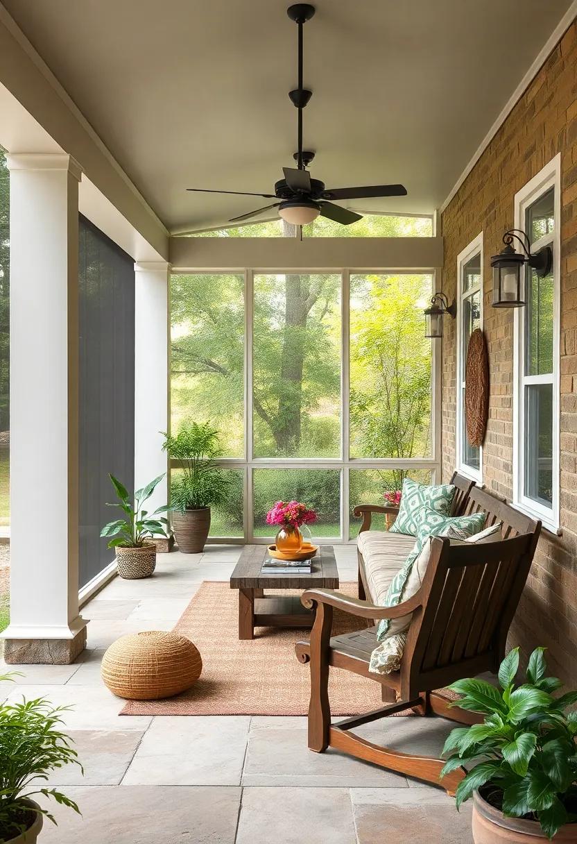 Cozy Rustic Screened Porch with Vintage Wooden Furniture and Natural Greenery Surrounding the Space