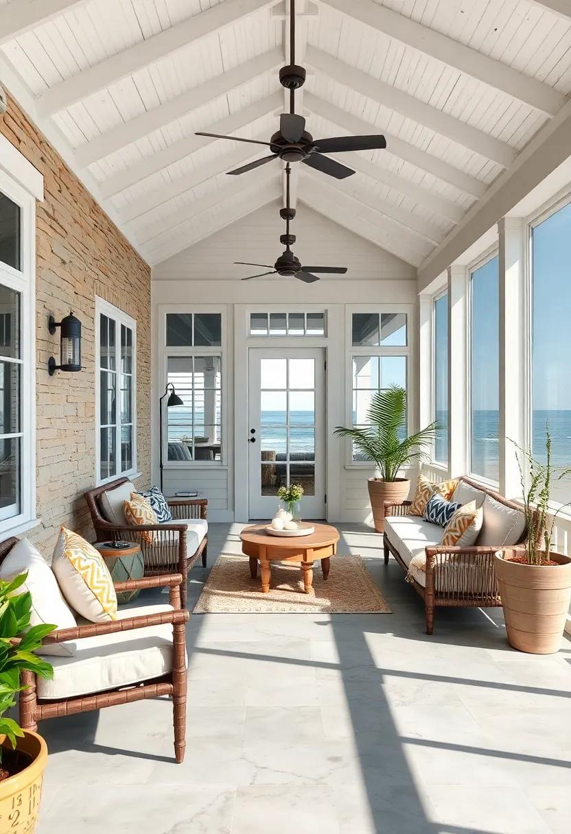 Elegant Coastal Screened Porch Design Showcasing Whitewashed Wood, Nautical Accents, and Ocean Views
