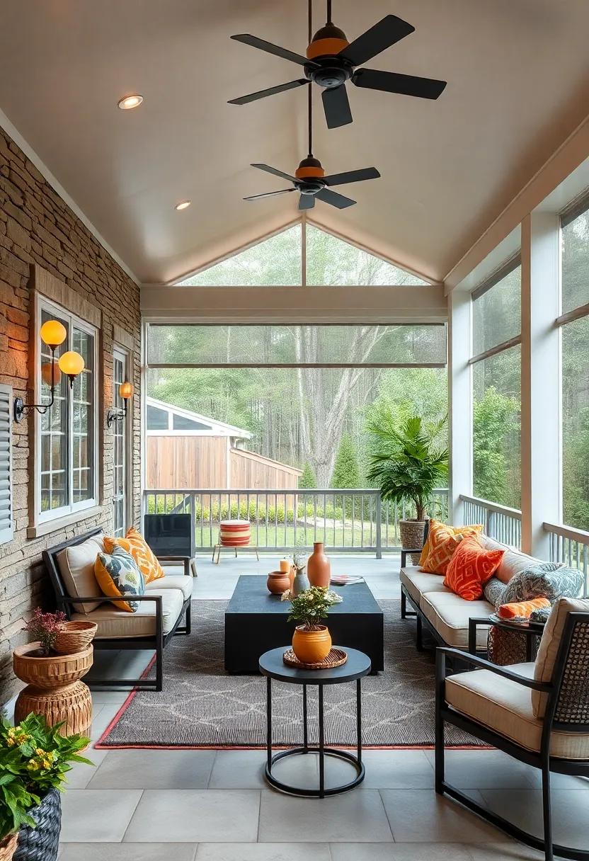 High-Tech Smart Screened Porch with Automated Shades, Integrated Audio Systems, and Modern Outdoor Appliances