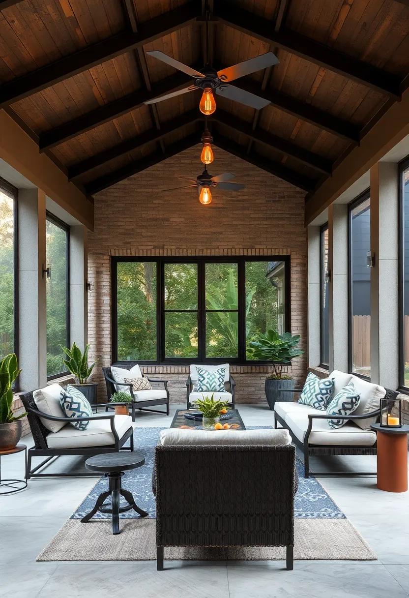 Industrial Chic Screened Porch with Exposed Steel Beams, Edison Bulb Lighting, and Concrete Accents in Cool Tones