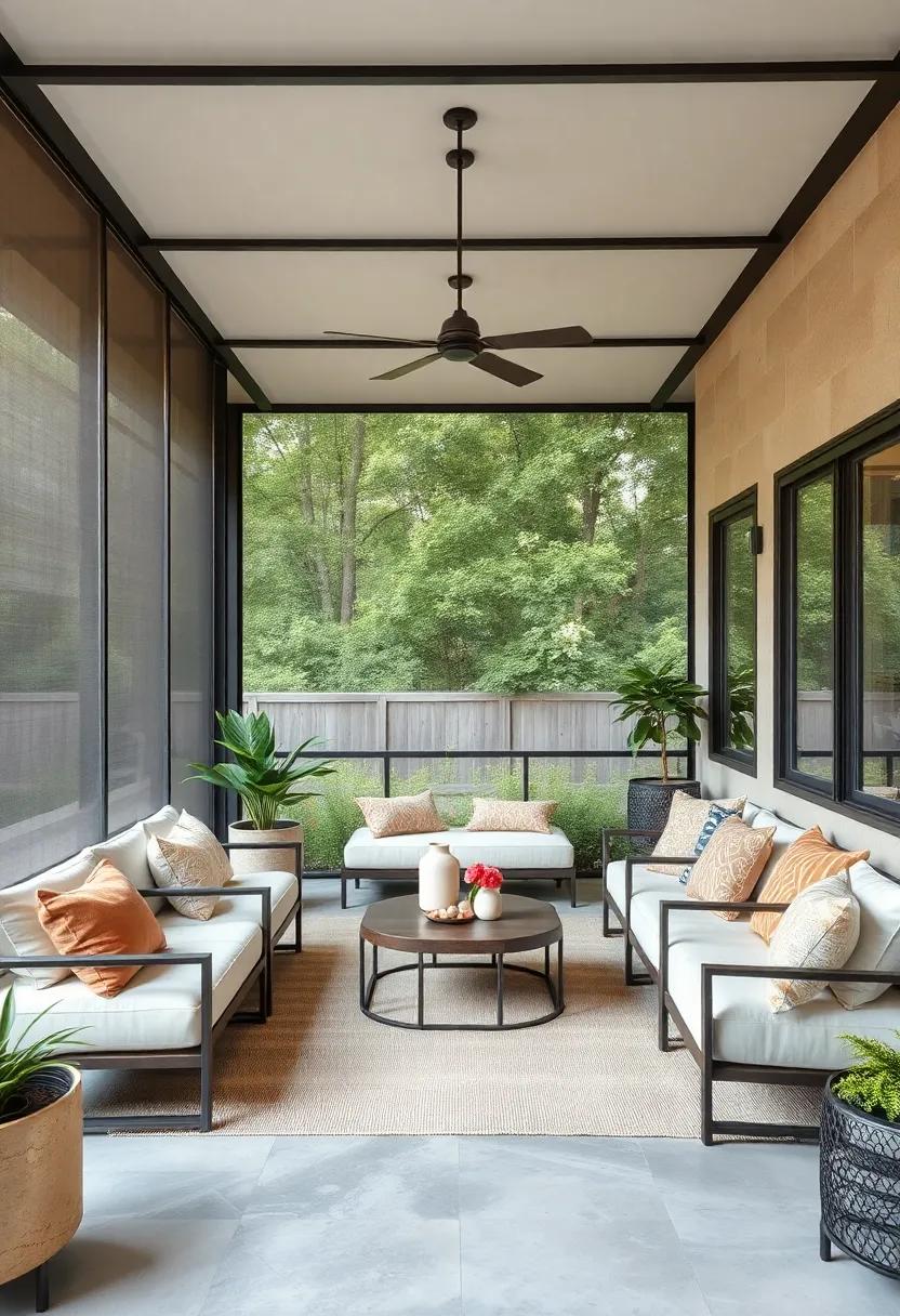 Modern Minimalist Screened Porch Featuring Sleek Metal Frames and Transparent Mesh Panels in Soft Neutrals