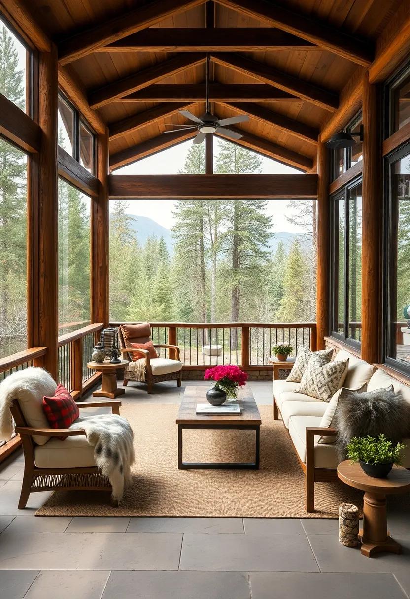 Mountain Lodge Screened Porch Featuring Heavy Timber Frames, Cozy Fur Throws, and Panoramic Forest Views