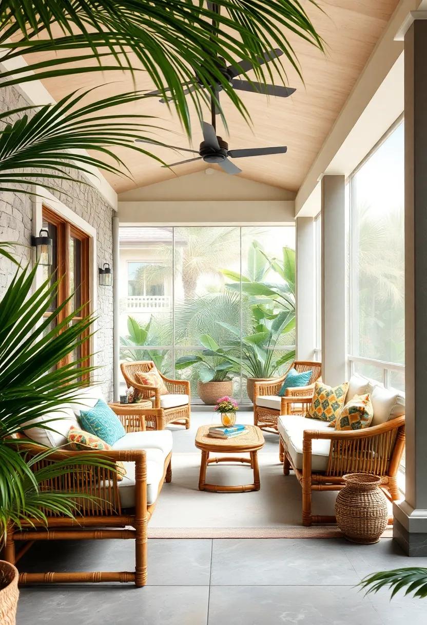 Open-Air Tropical Screened Porch with Bamboo Furniture, Colorful Cushions, and Lush Palm Leaves Overflowing