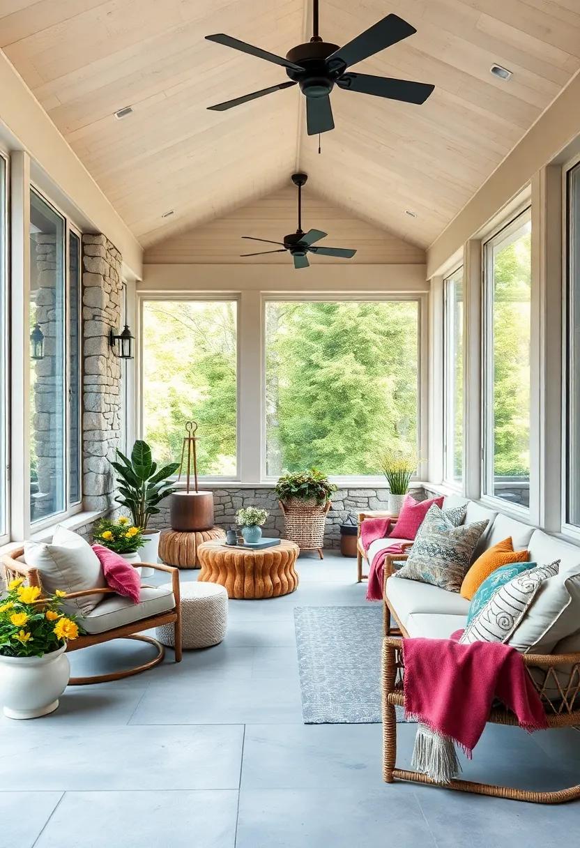 Scandinavian Style Screened Porch with Light Wood, Cozy Textiles, and Large Windows for Soft Natural Light
