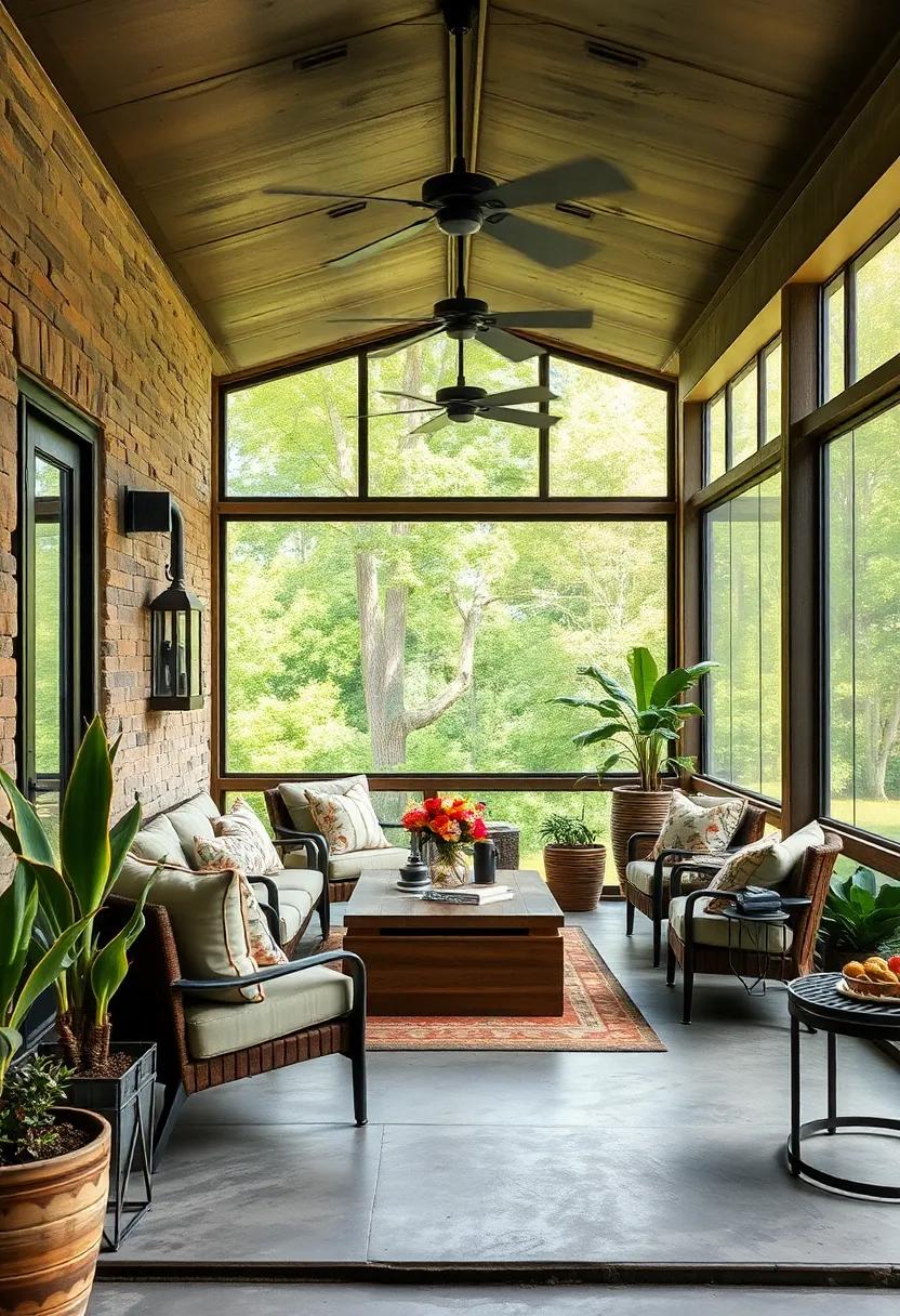 Vintage Industrial Screened Porch Combining Rusted Metals, Retro Fans, and Weathered Wood for an Edgy Look
