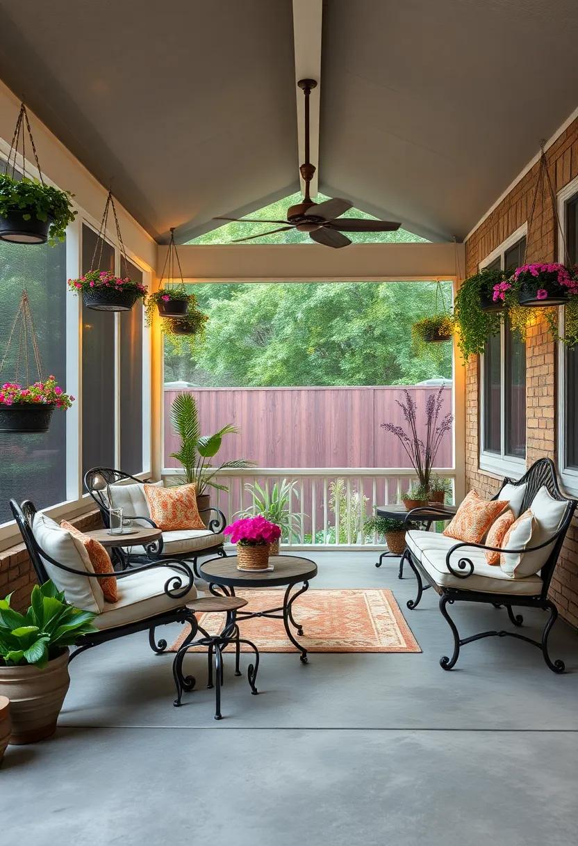 Whimsical Garden-Themed Screened Porch Surrounded by Hanging Flower Pots, Curvy Iron Furniture, and Magical Lighting