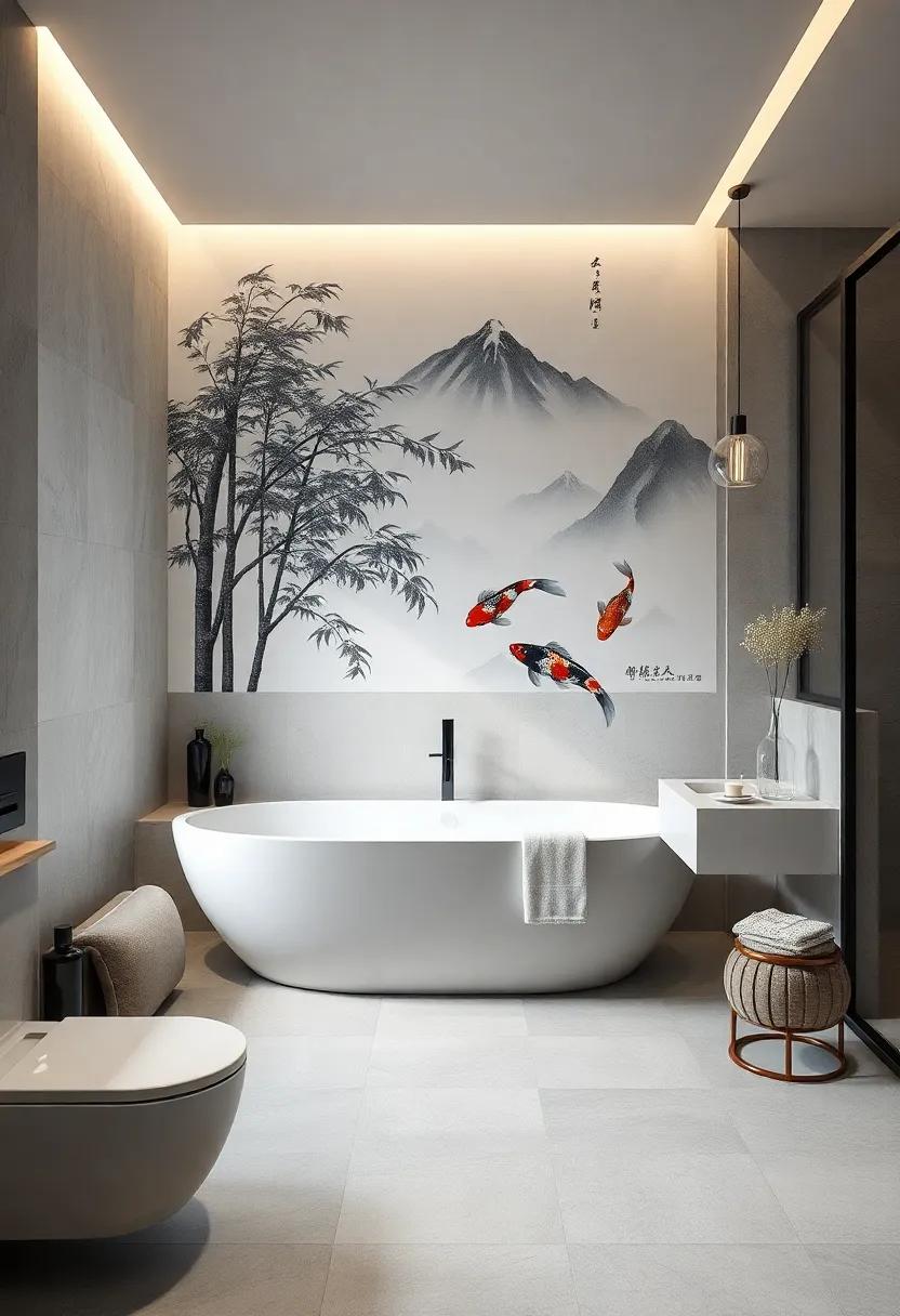 Invite the Spirit of Zen with Japanese Ink Wash Paintings Depicting Bamboo Forests, Koi Fish, and Misty Mountains