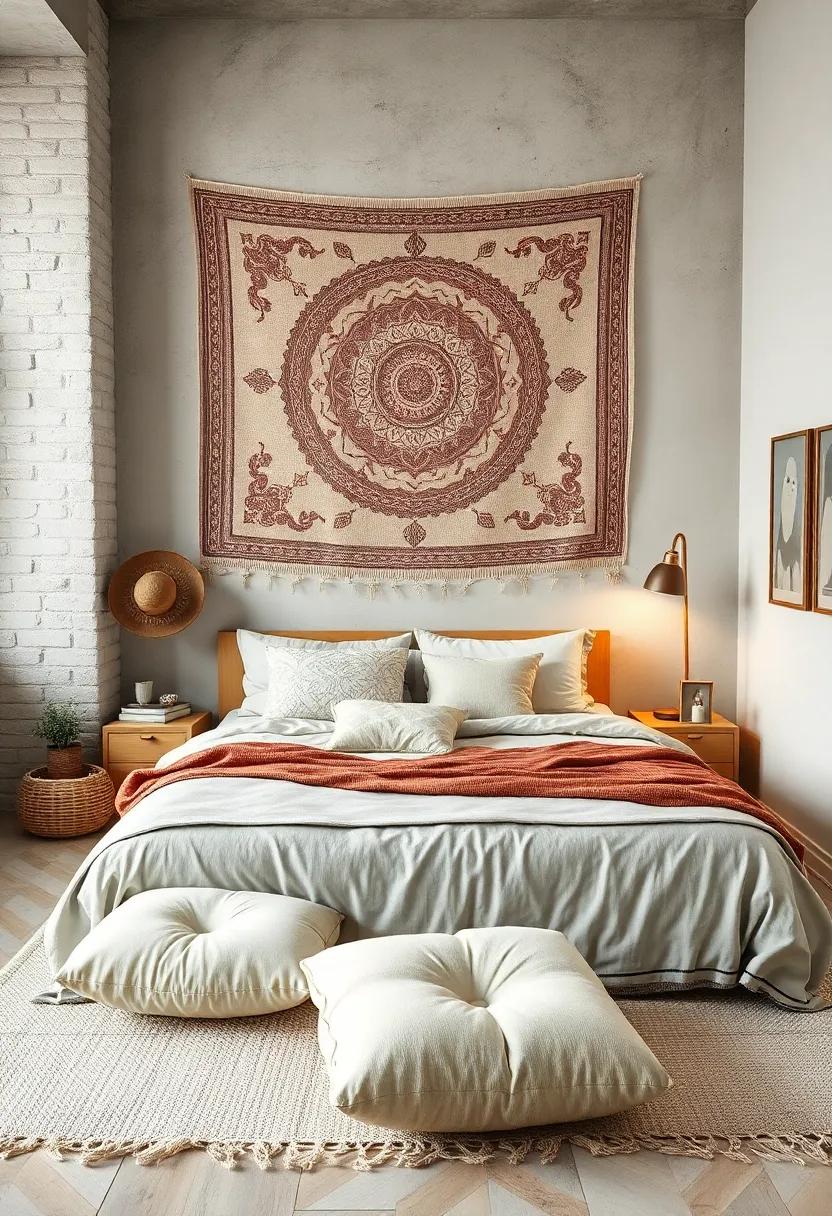 Muted Bohemian Palette Featuring Subtle Tapestry Designs Paired with Neutral Floor Cushions for a Serene Bedroom