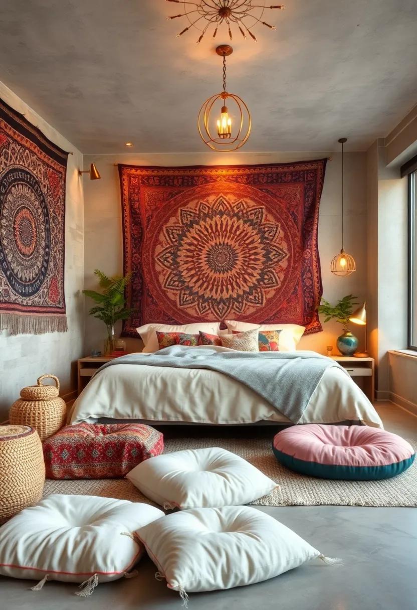 An Intimate Bohemian Bedroom Filled with Patterned Tapestries and Enveloping Floor Comfort for Quiet Moments